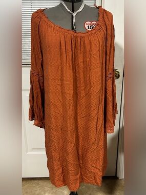 Rust Orange Boho Peasant Dress - Women